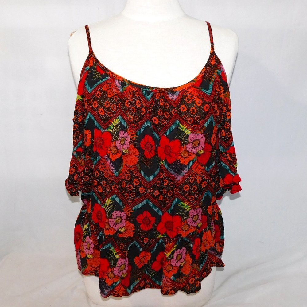 Patrons of Peace Red Floral Cold Off t he Shoulder Top Flowy Womens M